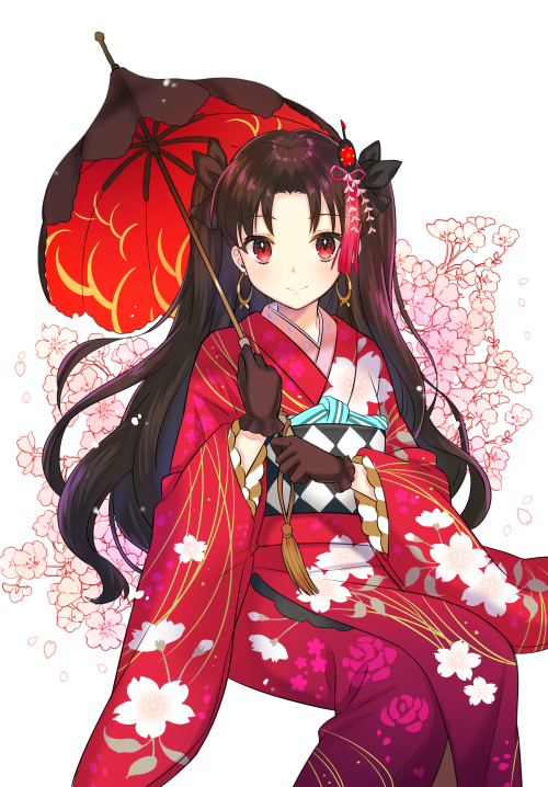 1girl alternate_costume bangs black_gloves black_hair black_ribbon c: cherry_blossoms closed_mouth earrings fate/grand_order fate_(series) female floral_background floral_print flower gloves hair_flower hair_ornament hair_ribbon hands_up highres himaya holding holding_umbrella hoop_earrings invisible_chair ishtar_(fate/grand_order) japanese_clothes jewelry kimono long_hair long_sleeves looking_at_viewer neck obi oriental_umbrella parted_bangs red_clothes red_eyes red_kimono ribbon sash sitting smile solo tohsaka_rin two_side_up type-moon umbrella white_background wide_sleeves