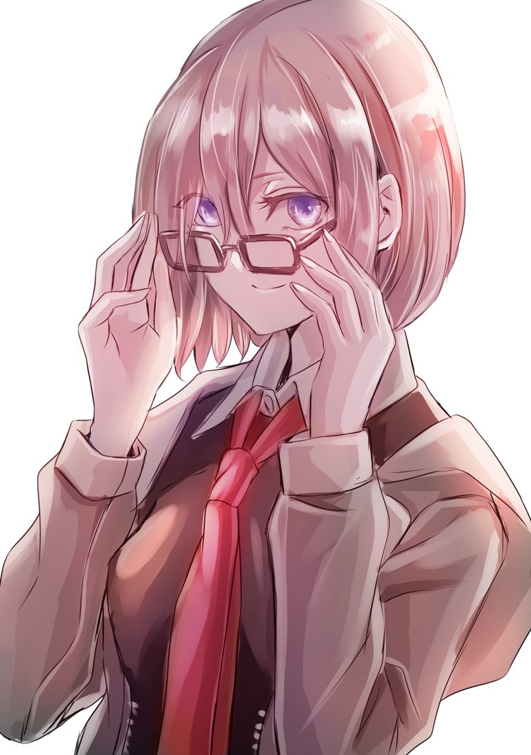 1girl adjusting_glasses black-framed_eyewear breasts closed_mouth fate/grand_order fate_(series) glasses hair_between_eyes hood hoodie jan_(lightdragoon) lavender_hair long_sleeves looking_at_viewer medium_breasts necktie open_clothes open_hoodie red_necktie shielder_(fate/grand_order) short_hair smile solo upper_body violet_eyes