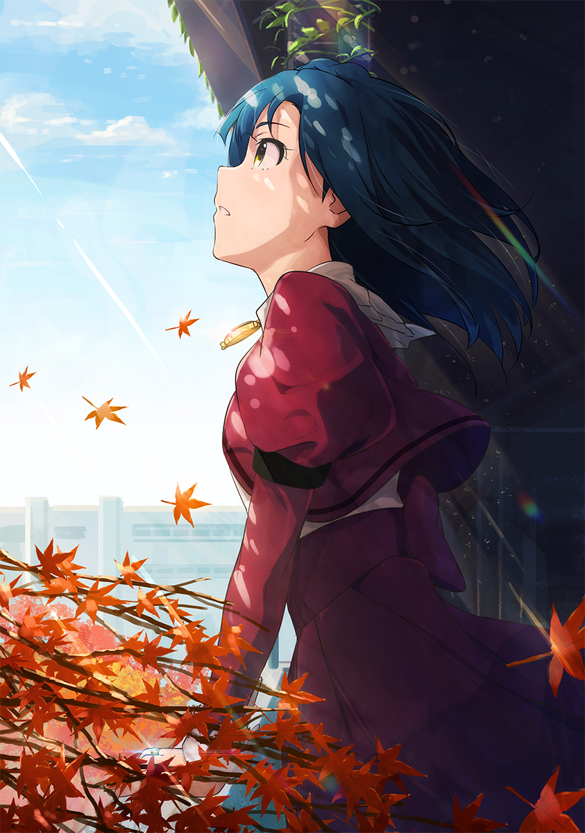1girl autumn_leaves bangs blouse blue_hair blush braid from_side highres idolmaster idolmaster_million_live! jewelry juliet_sleeves leaf lens_flare long_hair long_sleeves looking_afar looking_up maple_leaf nanao_yuriko narumi_nanami necklace outdoors parted_lips pendant plant profile puffy_sleeves purple_blouse purple_skirt rainbow short_hair skirt skirt_set solo sunlight vines wind yellow_eyes