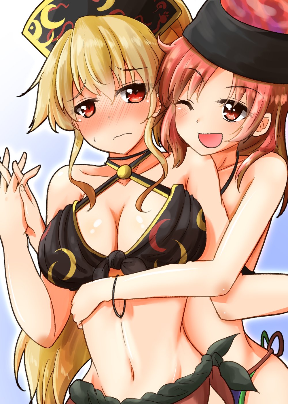 2girls ;d bangs bare_arms bikini blonde_hair blush breasts cleavage closed_mouth couple cowboy_shot embarrassed eyebrows_visible_through_hair female front-tie_bikini front-tie_top hair_between_eyes halter_top halterneck hand_holding hecatia_lapislazuli highres hug hug_from_behind interlocked_fingers junko_(touhou) large_breasts logo multiple_girls navel nose_blush one_eye_closed open_mouth oshiaki polos_crown red_eyes redhead sarong side-tie_bikini sidelocks smile stomach sweat swimsuit touhou wavy_mouth yuri