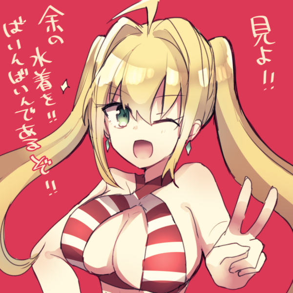 1girl ahoge blonde_hair cleavage_cutout earrings fate/grand_order fate_(series) green_eyes hair_intakes jewelry numachi_doromaru one_eye_closed red_background saber_extra swimsuit twintails v