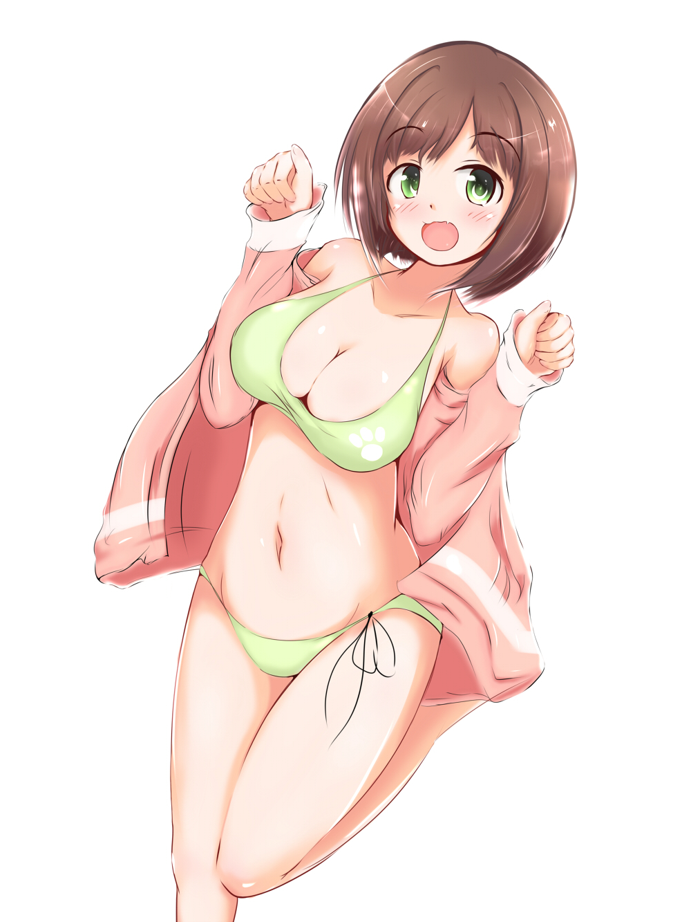 10s 1girl bikini breasts brown_hair cleavage cowboy_shot green_bikini green_eyes highres idolmaster idolmaster_cinderella_girls jacket maekawa_miku medium_breasts navel nekotama09 one_eye_closed paw_pose red_jacket side-tie_bikini simple_background solo standing standing_on_one_leg swimsuit white_background