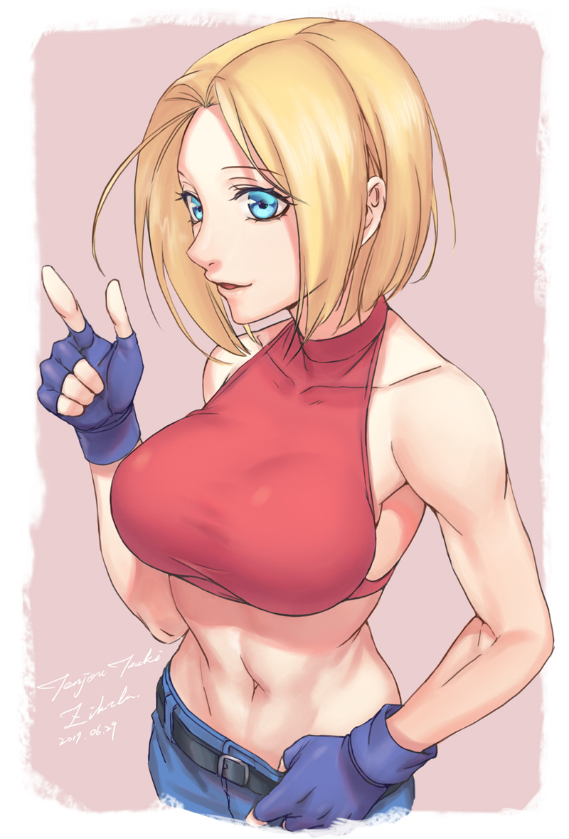 1girl armpits bare_shoulders belt black_gloves blonde_hair blue_eyes blue_mary breasts crop_top fingerless_gloves gloves halterneck index_finger_raised large_breasts looking_at_viewer midriff navel parted_lips short_hair smile solo tenjou_tsuki the_king_of_fighters toned upper_body