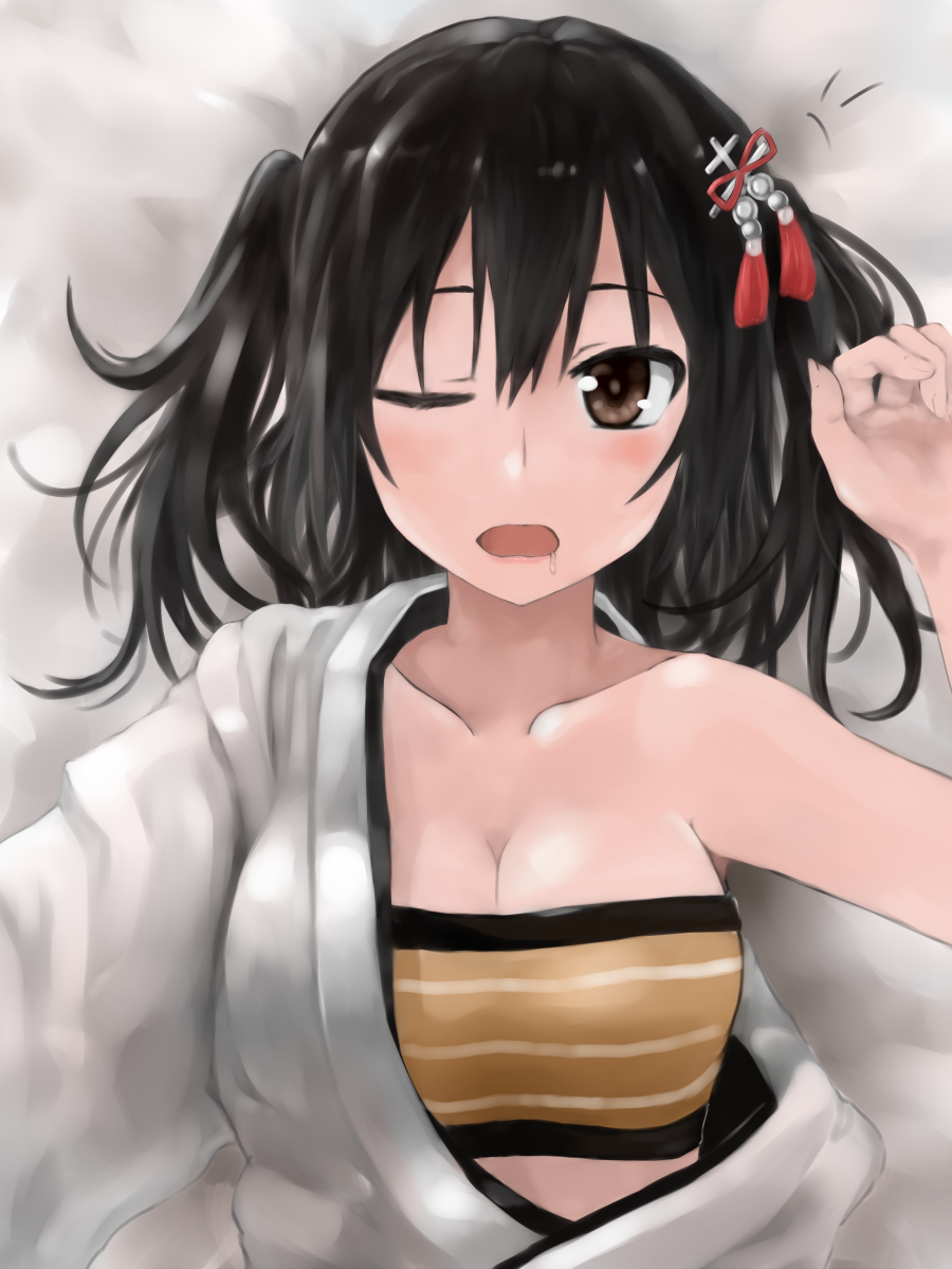 1girl ;o alternate_costume black_eyes black_hair breasts cleavage close-up collarbone commentary_request cosplay drooling highres kantai_collection looking_at_viewer lying miyako_(miyako_lplover) one_eye_closed sendai_(kantai_collection) shouhou_(kantai_collection) shouhou_(kantai_collection)_(cosplay) solo two_side_up upper_body waking_up