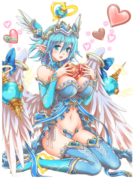 1girl :d angel_wings bare_shoulders blue_boots blue_eyes blue_hair blue_panties blush boots breasts chocolate chocolate_heart cleavage detached_sleeves feathered_wings groin hair_between_eyes halo headgear heart hisho_collection large_breasts looking_at_viewer navel official_art open_mouth panties parted_lips pointy_ears sitting smile solo stomach string_panties thigh-highs thigh_boots toshi underwear wariza wings