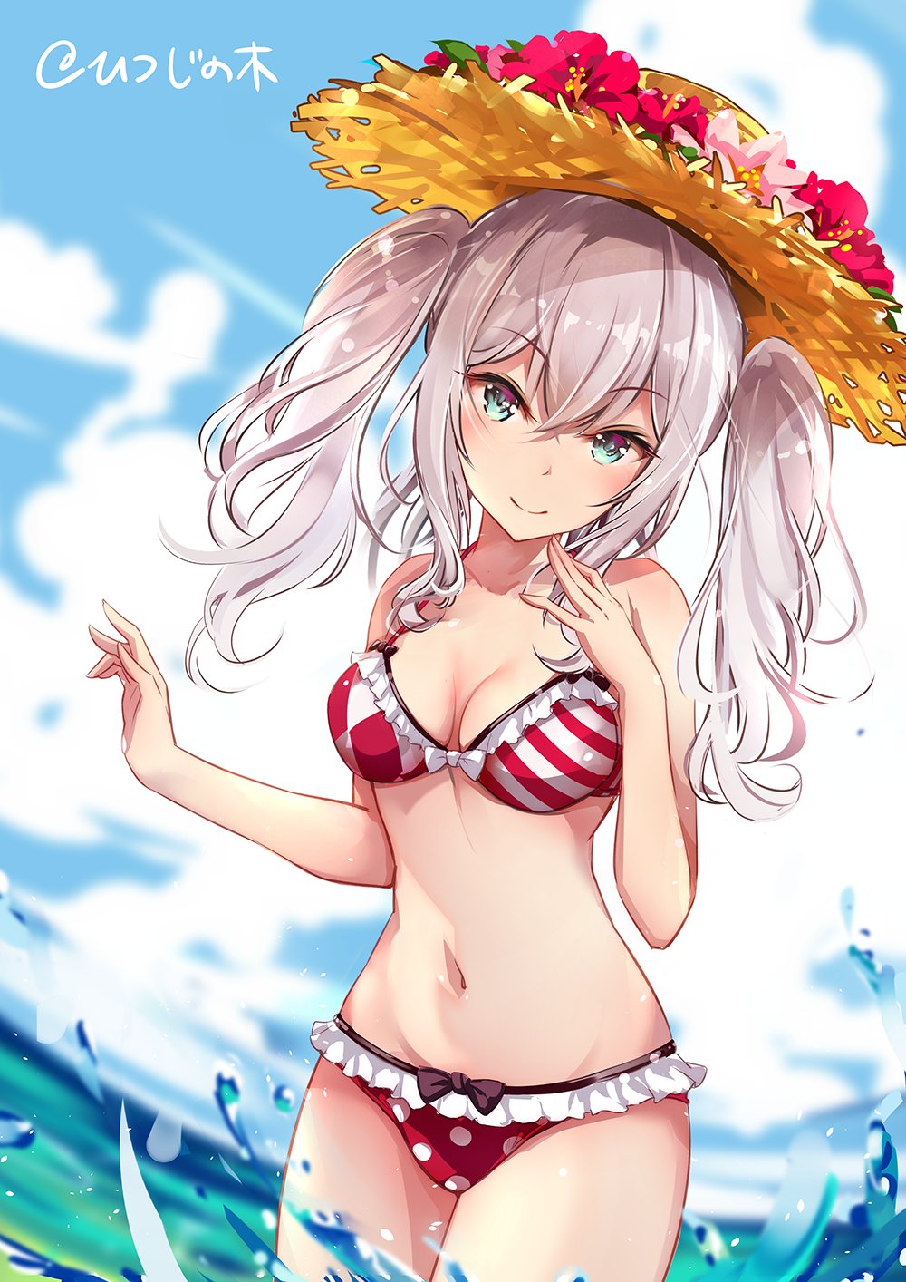 1girl artist_name beach bikini blue_eyes blush breasts collarbone eyebrows_visible_through_hair frilled_bikini frills hair_between_eyes hand_to_own_mouth hat highres kantai_collection kashima_(kantai_collection) long_hair looking_at_viewer medium_breasts mousoup navel outdoors polka_dot polka_dot_bikini red_bikini silver_hair smile solo splashing straw_hat striped striped_bikini swimsuit twintails upper_body waves