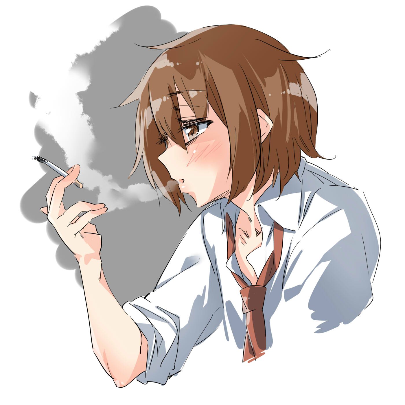 1girl bangs blush brown_eyes brown_hair cigarette collared_shirt ebifurya eyebrows_visible_through_hair hair_between_eyes highres holding holding_cigarette kantai_collection looking_to_the_side multicolored multicolored_background necktie parted_lips profile red_necktie shirt short_hair sleeves_rolled_up smoke smoking solo two-tone_background upper_body wakaba_(kantai_collection) white_shirt