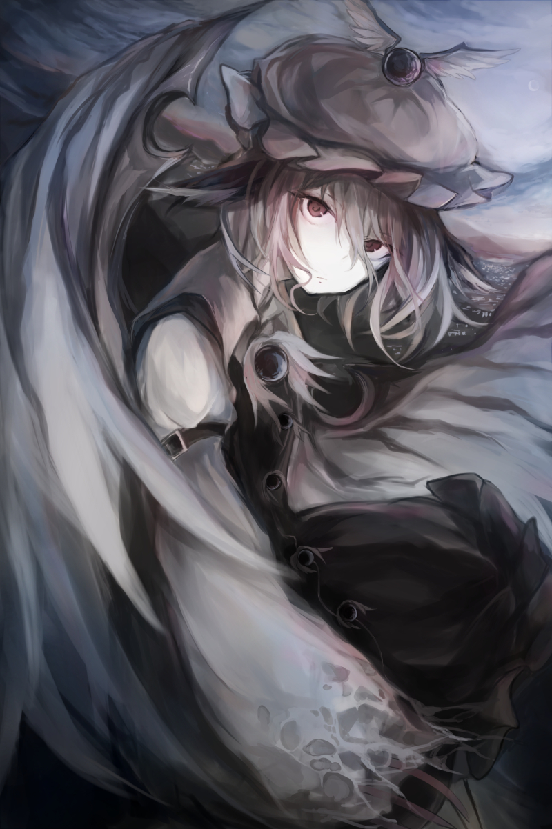 1girl animal_ears arm_belt bird_wings black_dress brown_hat city_lights crescent_moon dress expressionless hair_between_eyes hasunokaeru hat highres long_hair looking_at_viewer medium_hair moon mystia_lorelei outdoors pale_skin red_eyes solo touhou wings