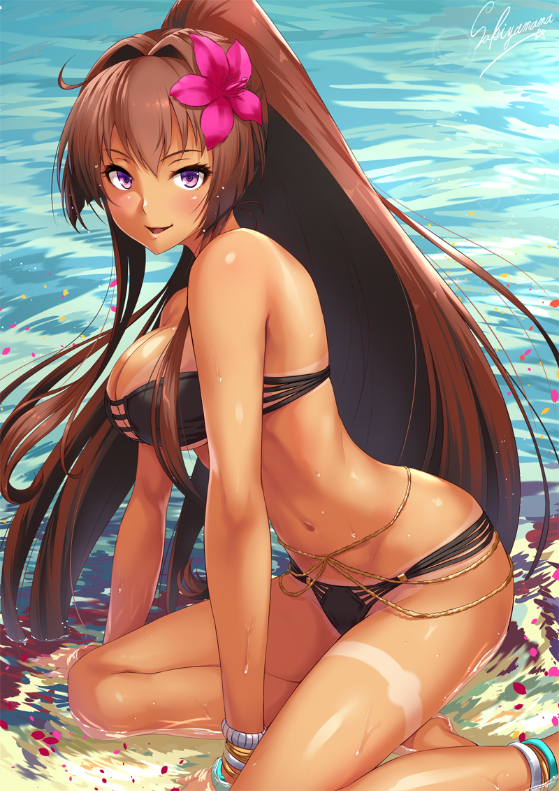 1girl ahoge anklet arm_support artist_name beach belly_chain between_legs bikini black_bikini blush bracelet breasts brown_hair closed_mouth day flower hair_flower hair_intakes hair_ornament hand_between_legs jewelry kantai_collection kneeling large_breasts long_hair looking_at_viewer navel open_mouth partially_submerged ponytail sakiyamama smile solo strapless strapless_bikini swimsuit tan tanline very_long_hair violet_eyes water yamato_(kantai_collection)