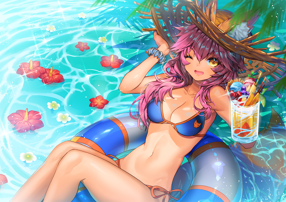 1girl animal_ears bad_id bad_pixiv_id bikini blue_bikini breasts cleavage collarbone ears_through_headwear ells fang fate/grand_order fate_(series) flower food fox_ears fox_tail hat ice large_breasts long_hair looking_at_viewer navel ocean one_eye_closed open_mouth outdoors pink_hair solo swimsuit tail tamamo_(fate)_(all) tamamo_no_mae_(swimsuit_lancer)_(fate) water yellow_eyes