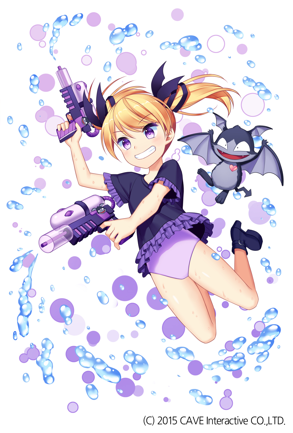 &gt;:d 1girl :d bare_arms bare_legs bat bat_wings blonde_hair blue_dress boots character_request clenched_teeth commentary_request creature deathsmiles dot_nose dress dual_wielding eyebrows_visible_through_hair falling gothic_wa_mahou_otome gun head_wings heart highres holding holding_gun holding_weapon jenevan looking_away open_mouth short_sleeves smile swimsuit swimsuit_under_clothes teeth twintails violet_eyes water water_gun watermark weapon wet white_background wings