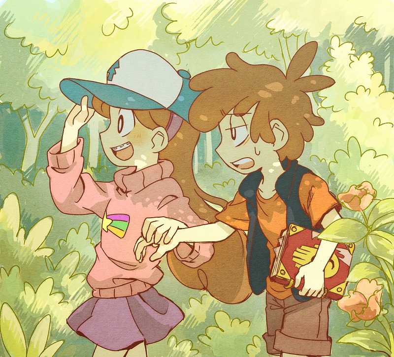 1boy 1girl annoyed bags_under_eyes baseball_cap blush book borrowed_garments braces brother_and_sister brown_hair brown_shorts dipper_pines flower forest gravity_falls hairband half-closed_eyes hand_holding happy hat holding long_hair mabel_pines nature open_mouth pink_sweater profile purple_skirt red_shirt sanako_(sanagineko46) shirt shooting_star shorts siblings skirt sleeveless_jacket smile star star_print sweatdrop sweater t-shirt tired tree tree_print turtleneck twins walking