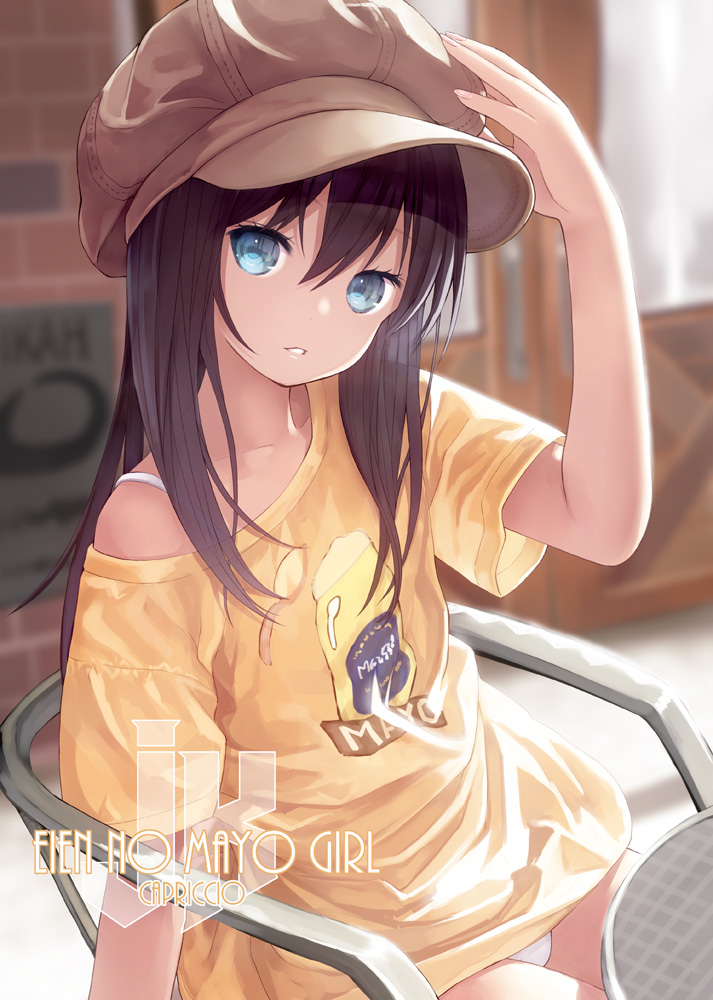 1girl arm_up blue_eyes bra brown_hair brown_hat cabbie_hat capriccio chair clothes_writing commentary_request hair_between_eyes hat long_hair looking_at_viewer off_shoulder panties pantyshot pantyshot_(sitting) shirt short_sleeves sitting solo splatoon table underwear white_bra white_panties yellow_shirt