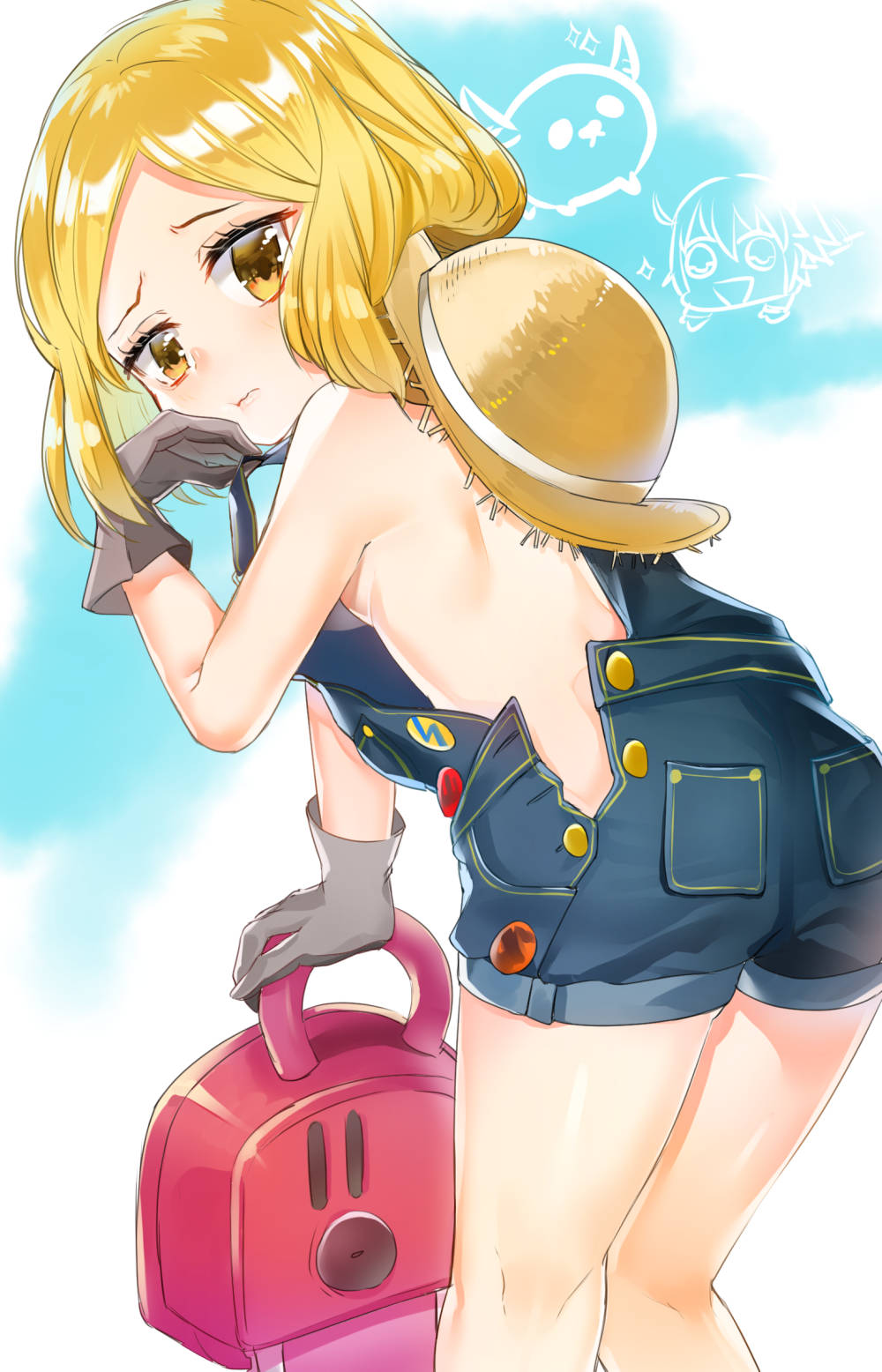 1girl babe_(fate) blonde_hair breasts chainsaw chashiba fate/grand_order fate_(series) fujimaru_ritsuka_(female) gloves grey_gloves hand_on_own_cheek hat highres kneepits looking_at_viewer looking_back naked_overalls overalls paul_bunyan_(fate/grand_order) short_hair sideboob sky solo straw_hat weapon yellow_eyes