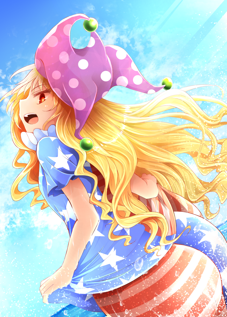 1girl american_flag_dress american_flag_legwear arano_oki ass blonde_hair clownpiece dress hat jester_cap long_hair neck_ruff no_wings open_mouth outdoors pantyhose polka_dot red_eyes short_dress short_sleeves solo star star_print striped touhou water wavy_hair wet wet_clothes