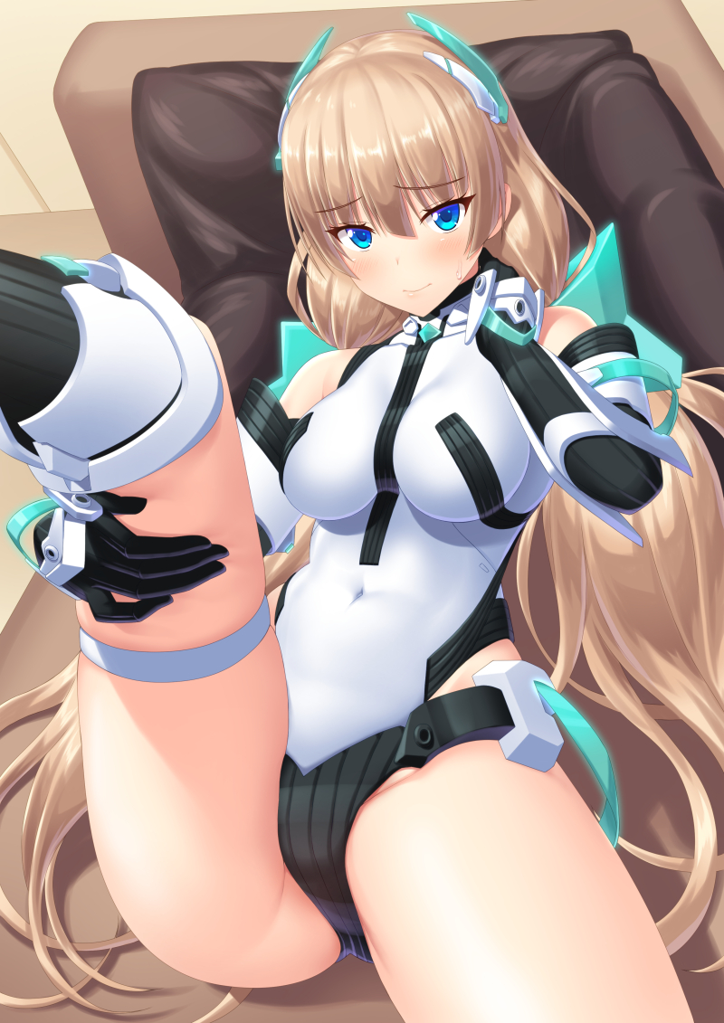1girl angela_balzac bangs black_gloves black_legwear blonde_hair blue_eyes blush bodysuit breasts closed_mouth couch covered_navel elbow_gloves ese_shinshi eyebrows_visible_through_hair gloves hair_between_eyes hand_in_hair headgear indoors kneehighs leotard light_smile long_hair looking_at_viewer low_twintails lying medium_breasts on_back on_couch rakuen_tsuihou ribbed_legwear solo sweatdrop thigh_strap tsurime twintails very_long_hair white_leotard