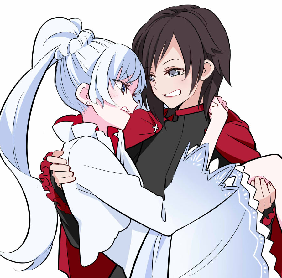 2girls black_hair blue_eyes blush cape capelet carrying clenched_teeth dress frills grey_eyes long_sleeves looking_at_another multiple_girls ponekusan ponytail princess_carry red_cape ruby_rose rwby simple_background smile teeth weiss_schnee white_background white_hair wide_sleeves yuri