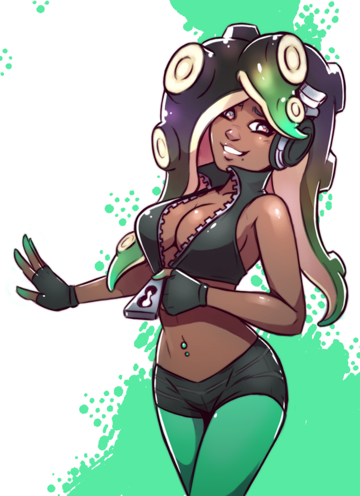 1girl breasts cephalopod_eyes cleavage commentary crop_top dark_skin dave_cheung fingerless_gloves gloves green_eyes green_legwear headphones iida_(splatoon) long_hair medium_breasts midriff mole mole_under_mouth nail_polish navel_piercing octarian pantyhose piercing purple_hair shorts sleeveless smile solo splatoon splatoon_2 tentacle_hair unzipping zipper