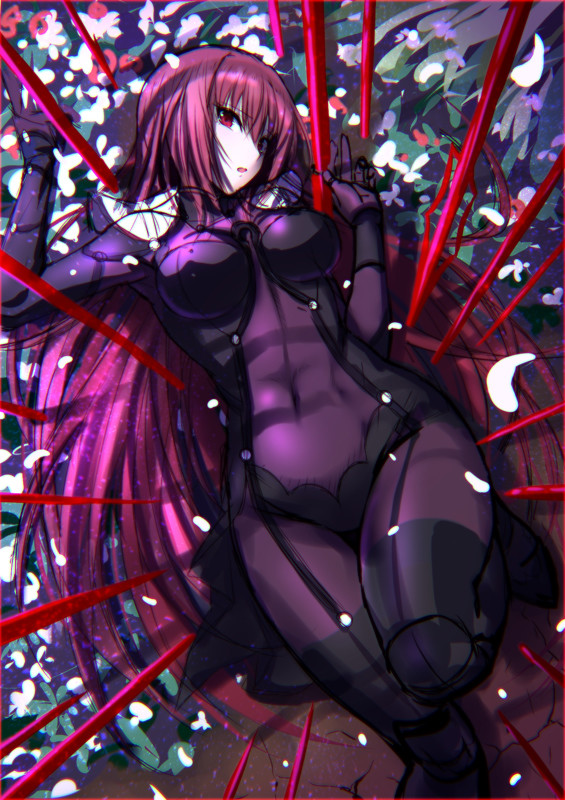 1girl bangs bodysuit breasts covered_navel emanon123 fate/grand_order fate_(series) gae_bolg hair_intakes long_hair looking_at_viewer lying medium_breasts on_back parted_lips pauldrons polearm purple_bodysuit purple_hair red_eyes scathach_(fate/grand_order) solo spear very_long_hair weapon