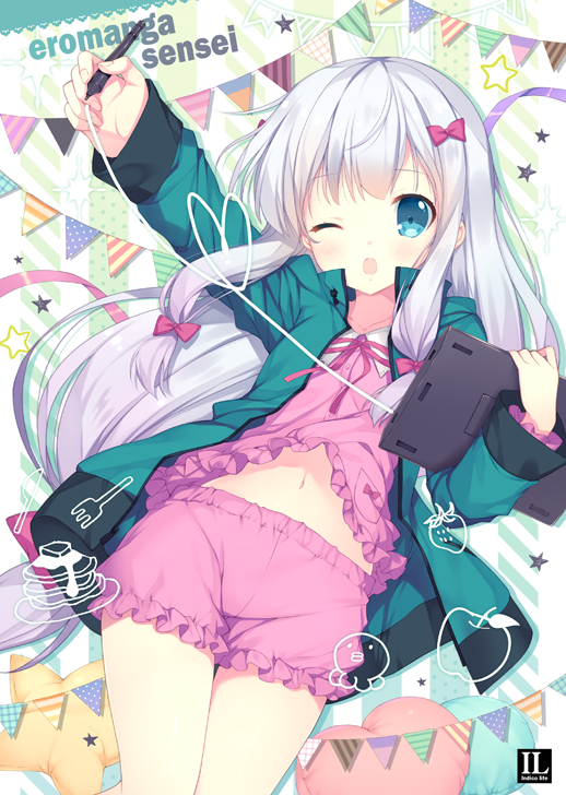 10s 1girl ;d arm_up bangs blouse blush bow copyright_name eromanga_sensei eyebrows_visible_through_hair frills hair_bow heart heart_pillow holding izumi_sagiri jacket long_hair long_sleeves looking_at_viewer low-tied_long_hair mitha navel one_eye_closed open_clothes open_jacket open_mouth pajamas pennant pillow pink_blouse pink_shorts purple_bow shorts smile solo star star_pillow stylus tablet