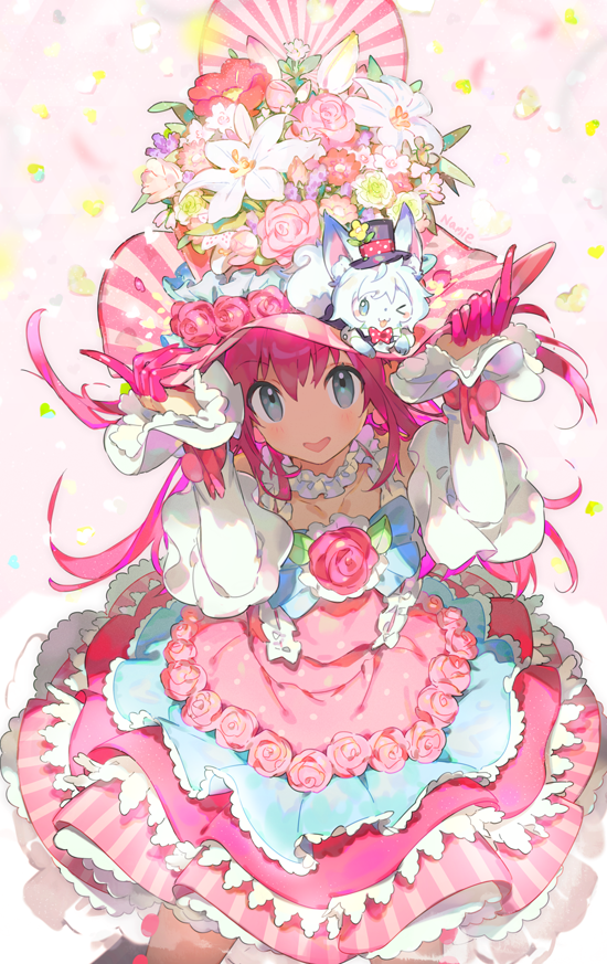 &gt;_o 10s 1girl :3 arms_up artist_name bangs blue_eyes blush bow bowtie claws commentary_request confetti cowboy_shot creature detached_sleeves dress eyebrows_visible_through_hair fate/extra fate/extra_ccc fate/grand_order fate_(series) flower fou_(fate/grand_order) frilled_dress frills hands_on_headwear hat hat_flower heart heart-shaped_mouth lancer_(fate/extra_ccc) layered_dress lily_(flower) long_hair looking_at_viewer namie-kun on_head one_eye_closed open_mouth petals pink_hair pink_rose polka_dot polka_dot_bow polka_dot_bowtie rose smile solo striped_hat top_hat wrist_cuffs