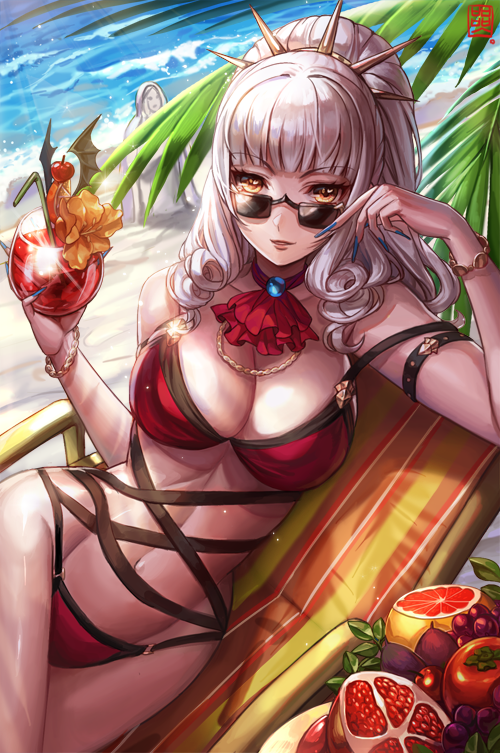 1girl beach bikini blonde_hair box_(hotpppink) breasts carmilla_(fate/grand_order) cleavage drink fate_(series) fingernails food fruit grapefruit jewelry light_smile long_fingernails long_hair lying medium_breasts navel necklace on_side palm_tree parted_lips pomegranate red_bikini red_swimsuit sand solo summertime_mistress_(fate/grand_order) sunglasses swimsuit thighs toned tree water white_hair wide_hips