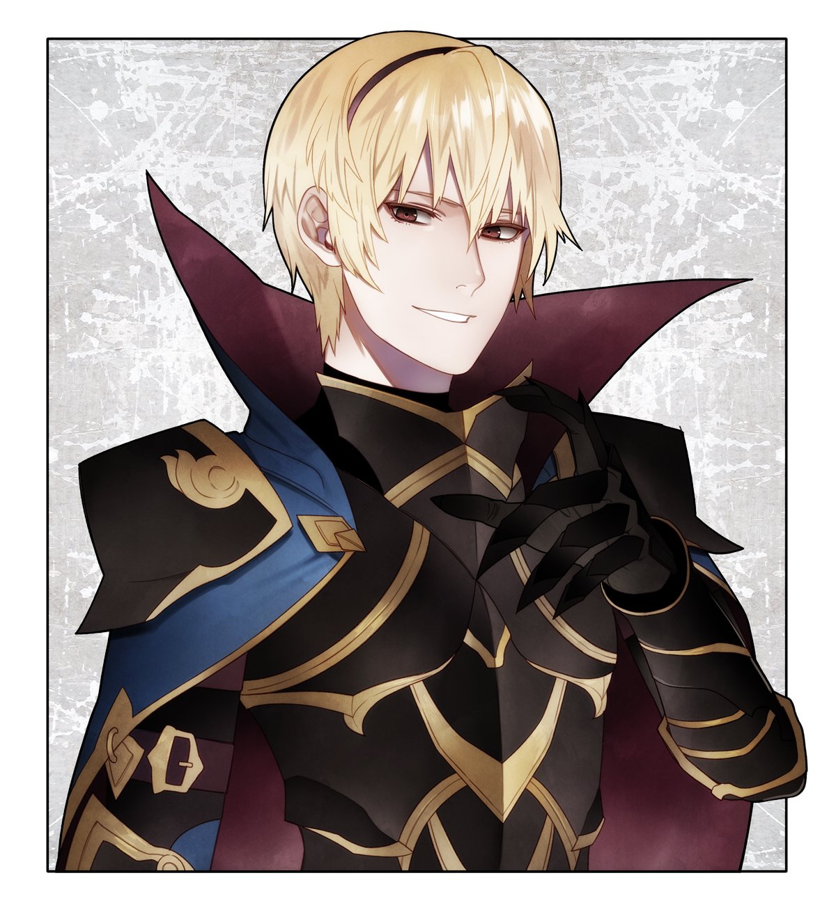 1boy armor blonde_hair cape fire_emblem fire_emblem_if gloves grin highres leon_(fire_emblem_if) looking_at_viewer red_eyes smile solo