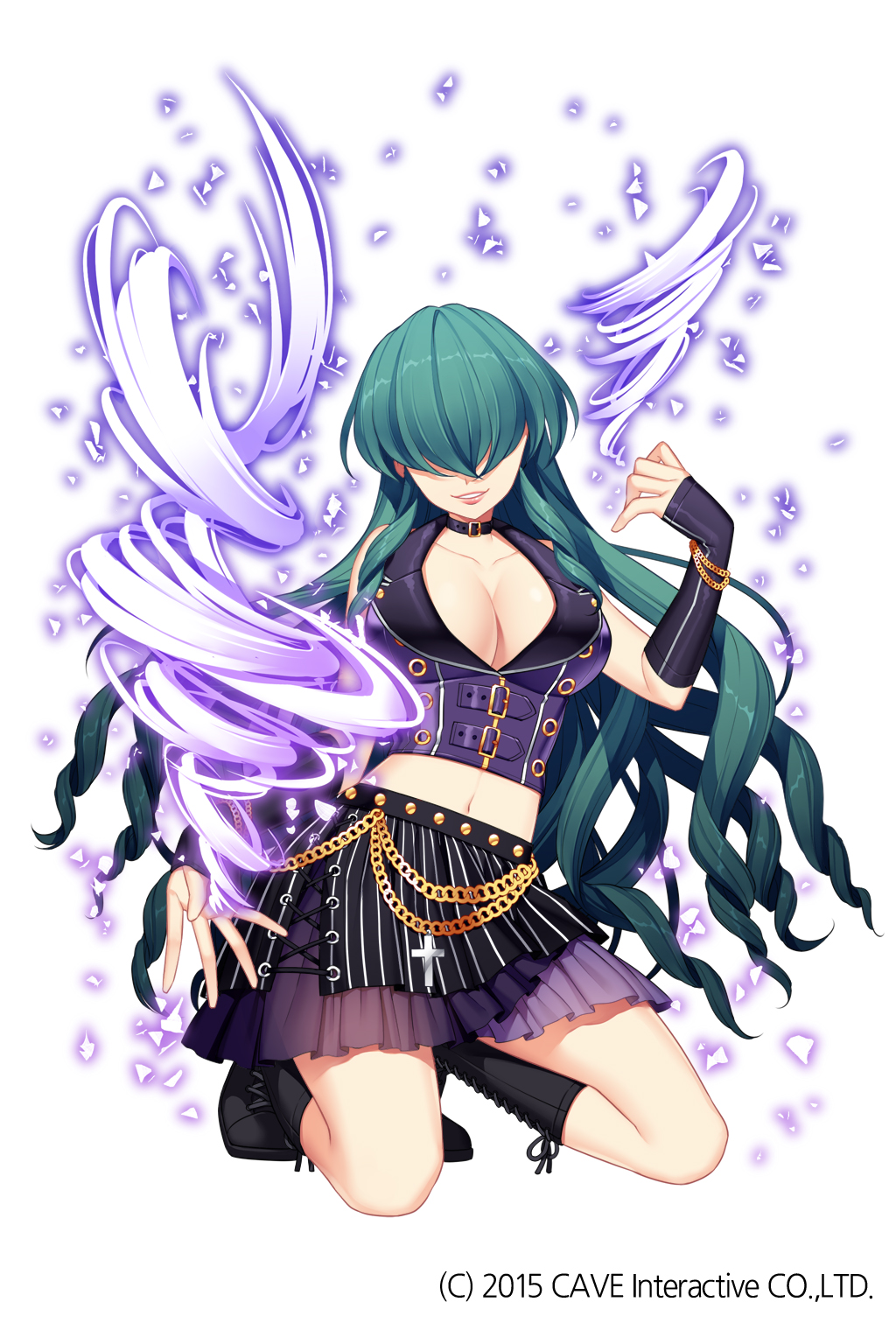 1girl black_boots blue_gloves boots breasts chains character_request choker cleavage collarbone commentary_request cross elbow_gloves facing_viewer fingerless_gloves full_body gloves gothic_wa_mahou_otome green_hair hair_over_face highres jenevan jewelry kneeling large_breasts long_hair magic midriff navel official_art open_clothes open_shirt parted_lips pleated_skirt purple_skirt shirt skirt smile solo very_long_hair watermark white_background