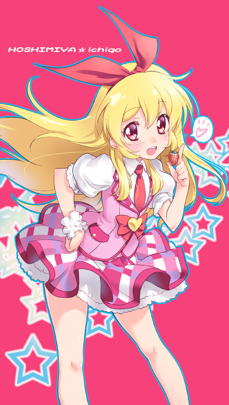 1girl aikatsu! blonde_hair bow character_name checkered checkered_skirt collared_shirt cowboy_shot food fruit graphite_(medium) hair_ribbon hand_on_hip heart highres holding holding_food hoshimiya_ichigo kuzuryuu_kennosuke leaning_forward long_hair looking_at_viewer miniskirt multicolored multicolored_clothes multicolored_skirt necktie open_mouth petticoat pink_skirt pink_vest puffy_short_sleeves puffy_sleeves red_background red_bow red_eyes red_necktie red_ribbon ribbon shirt short_sleeves skirt smile solo spoken_heart standing star starry_background strawberry traditional_media white_shirt wristband