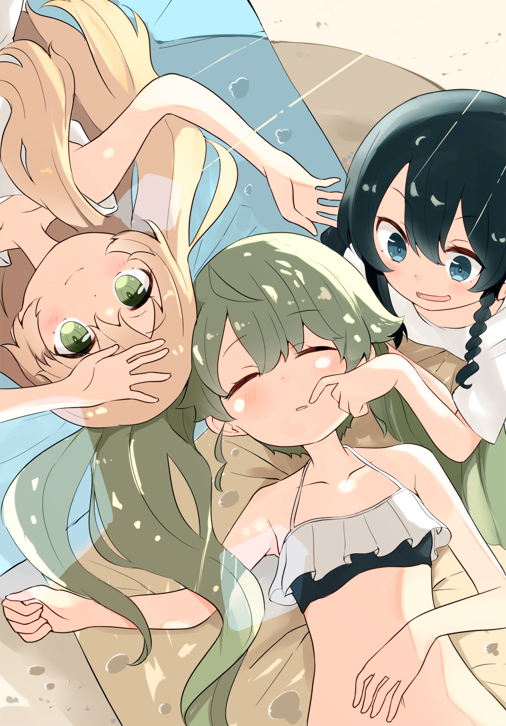 3girls anchovy_(girls_und_panzer) arms_up bangs barashiya beach beach_towel bikini black_bikini black_eyes black_hair blonde_hair braid carpaccio_(girls_und_panzer) closed_eyes closed_mouth commentary dappled_sunlight drill_hair eyebrows_visible_through_hair finger_to_another's_mouth frilled_bikini frills from_above girls_und_panzer green_eyes green_hair highres long_hair looking_at_viewer lying multiple_girls on_back on_ground on_stomach open_mouth parted_lips pepperoni_(girls_und_panzer) shade short_hair side_braid sleeping smile sunlight swimsuit towel twin_drills twintails