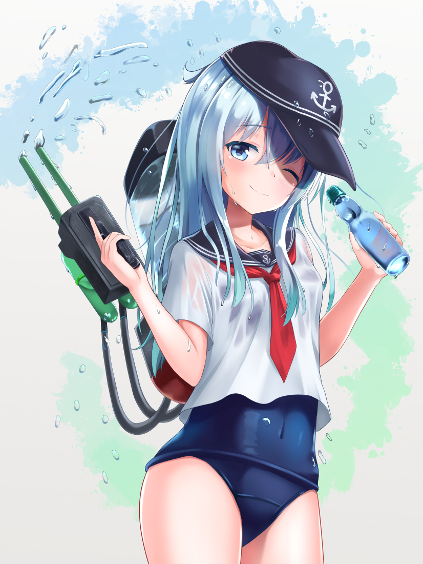 1girl akabane_hibame blue_eyes flat_cap hat hibiki_(kantai_collection) kantai_collection long_hair one-piece_swimsuit one_eye_closed ramune school_swimsuit school_uniform serafuku silver_hair smile solo swimsuit swimsuit_under_clothes turret water_gun wet wet_clothes