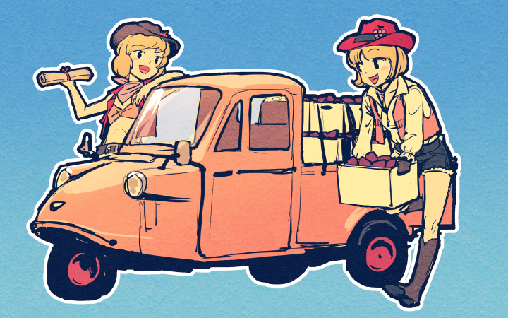 2girls aki_minoriko aki_shizuha alternate_costume blonde_hair blush_stickers boots box car cowboy_hat ground_vehicle hat meitei motor_vehicle multiple_girls open_mouth short_hair siblings sisters smile touhou western