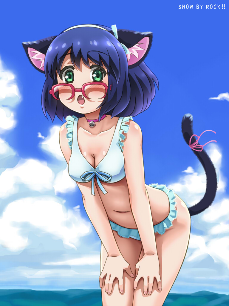 1girl animal_ears awa bikini blue_hair blush cat_ears cat_tail copyright_name cyan_(show_by_rock!!) day fang frilled_bikini frills glasses green_eyes hands_on_own_thighs hijirikawa_shian leaning_forward looking_at_viewer open_mouth outdoors over-rim_glasses pink-framed_eyewear semi-rimless_glasses short_hair show_by_rock!! sky solo swimsuit tail