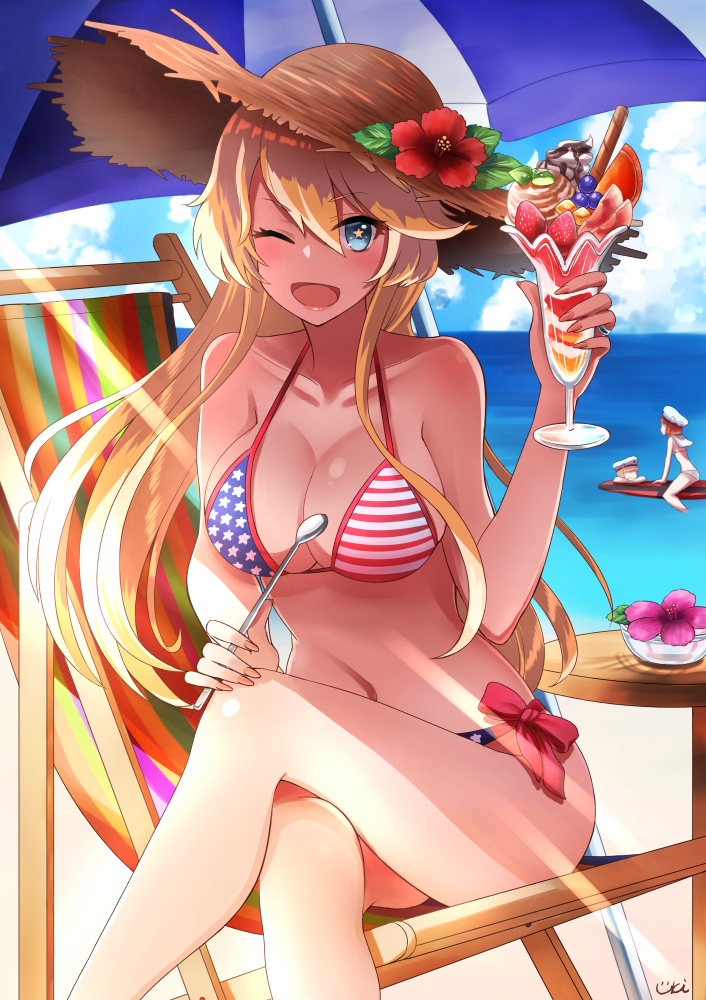 3girls american_flag blonde_hair blue_eyes breasts cleavage flag_print hair_between_eyes hat iowa_(kantai_collection) kantai_collection large_breasts long_hair multiple_girls one_eye_closed open_mouth parfait redhead star star-shaped_pupils striped surfboard swimsuit symbol-shaped_pupils uki vertical_stripes z1_leberecht_maass_(kantai_collection) z3_max_schultz_(kantai_collection)