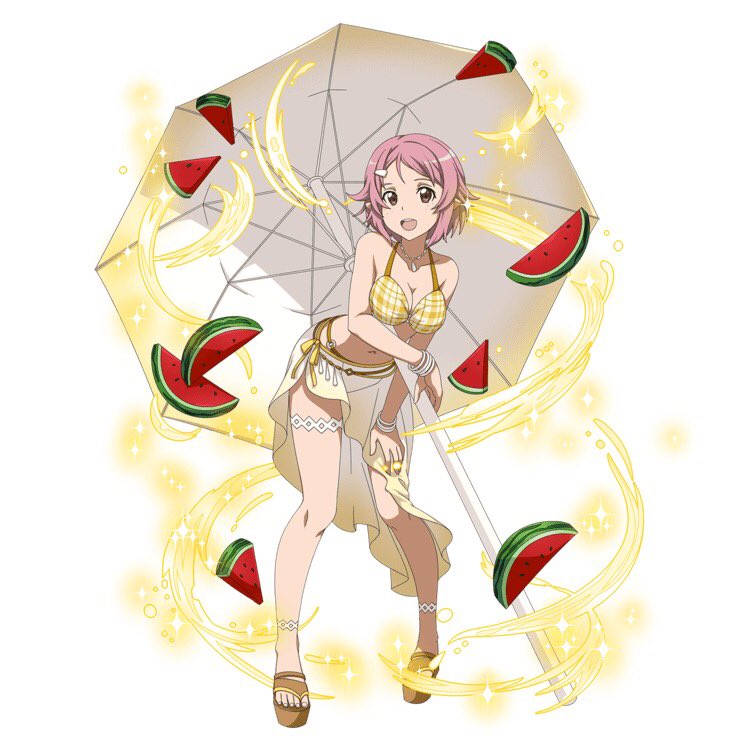 1girl :d bangs breasts cleavage collarbone food fruit full_body hair_ornament hairclip hand_on_lap jewelry leaning_forward lisbeth_(sao-alo) looking_at_viewer medium_breasts navel necklace official_art open_mouth parasol parted_bangs pink_eyes pink_hair pointy_ears sarong short_hair simple_background smile solo standing sword_art_online sword_art_online:_code_register thigh_strap umbrella watermelon white_background yellow_bikini_top