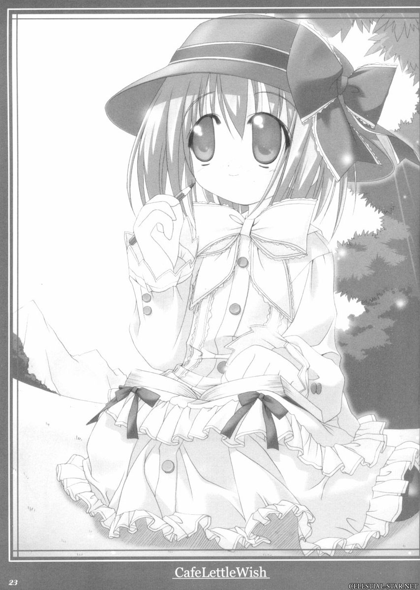 cafe_little_wish dress hat highres lily_(cafe_little_wish) monochrome nature pencil ribbon ribbons sitting wooden_pencil