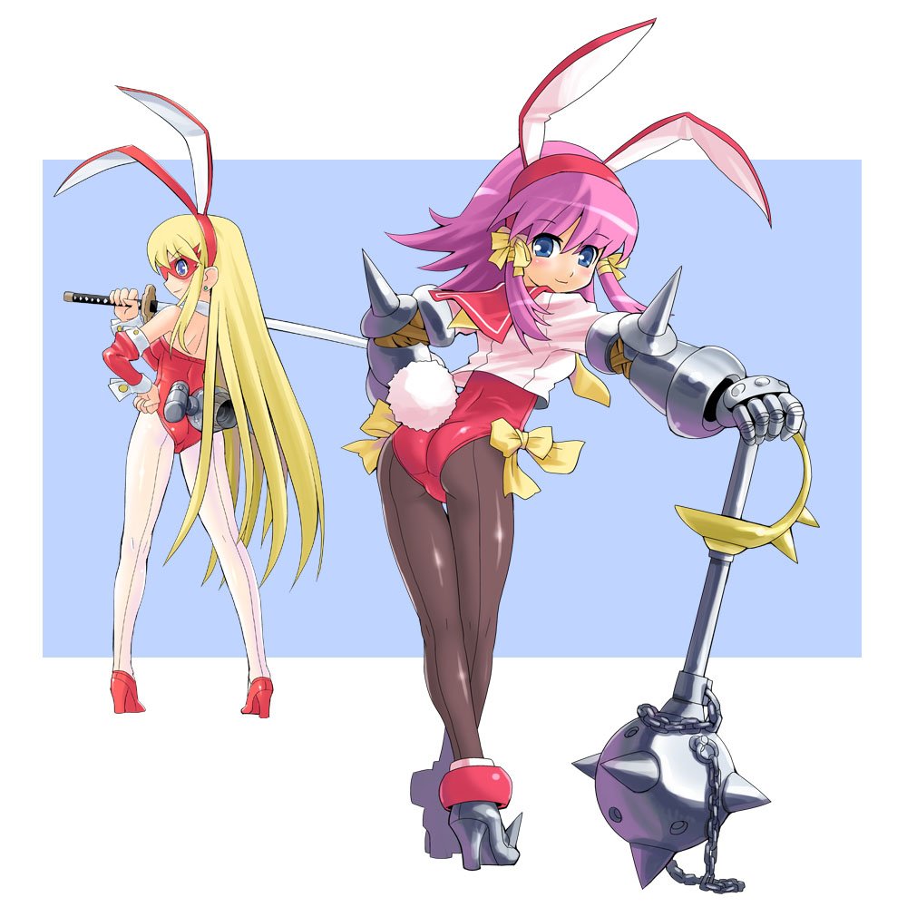 armor ass blonde_hair blue_eyes bunny_ears bunny_girl bunny_tail bunnysuit high_heels katahira_masashi katana long_hair looking_back mace mask original pantyhose pink_hair rabbit_ears shoes smile spiked_mace sword tail very_long_hair weapon