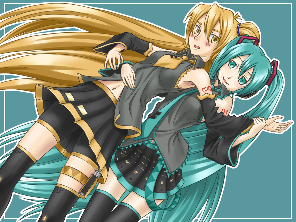 akita_neru aqua_eyes aqua_hair blonde_hair blush detached_sleeves hatsune_miku headset long_hair multiple_girls navel necktie side_ponytail skirt sukua thigh-highs thighhighs tk28 twintails very_long_hair vocaloid yellow_eyes