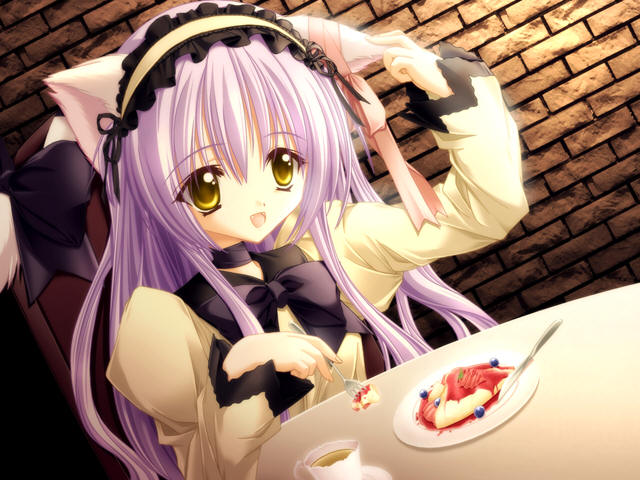 animal_ears brown_background cafe_little_wish cat_ears cat_tail dessert dress eating food fork game_cg gradient gradient_background hairband holding holding_fork long_hair mina_(cafe_little_wish) purple_hair ribbon ribbons sepia_background smile tail tea tinker_bell yellow_eyes