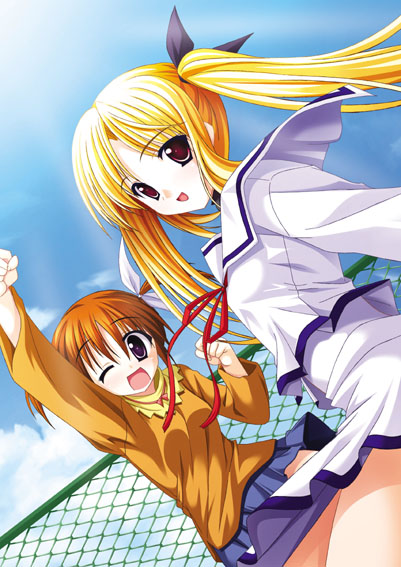 blue_eyes brown_hair casual fate_testarossa mahou_shoujo_lyrical_nanoha mahou_shoujo_lyrical_nanoha_a's mahou_shoujo_lyrical_nanoha_a's purple_eyes red_eyes school_uniform takamachi_nanoha