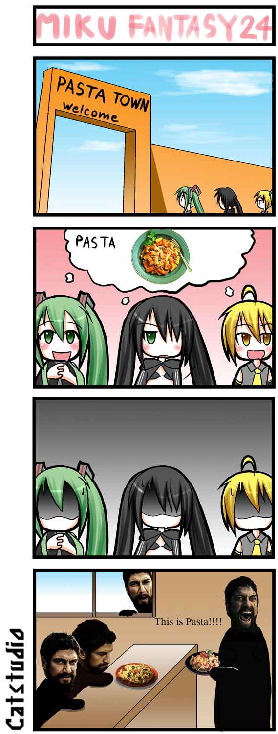 4koma ahoge akita_neru black_rock_shooter black_rock_shooter_(character) catstudio_(artist) comic crossover english error hatsune_miku highres leonidas parody pasta pun this_is_sparta vocaloid