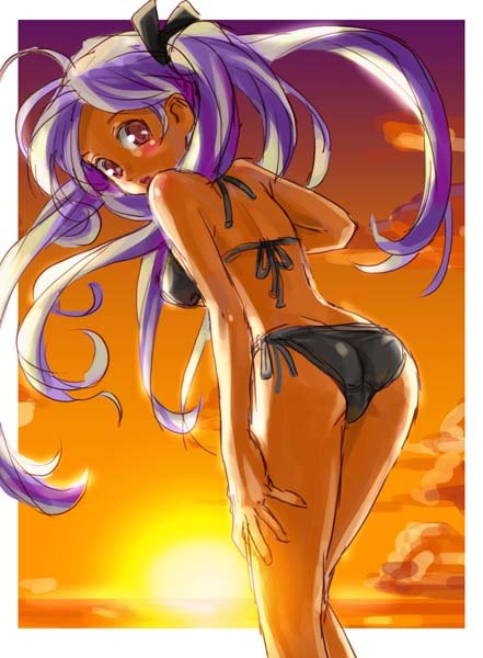 bikini hiiragi_kagami katahira_masashi long_hair lucky_star original purple_eyes purple_hair side-tie_bikini sketch sunset swimsuit twintails very_long_hair violet_eyes
