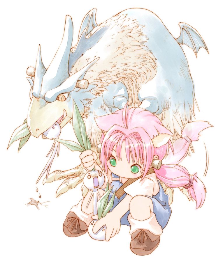 animal_ears artist_request cat_ears character_request child creature dragon earplugs green_eyes long_hair mandragora mouth_hold pink_hair simple_background sitting solo source_request white_background