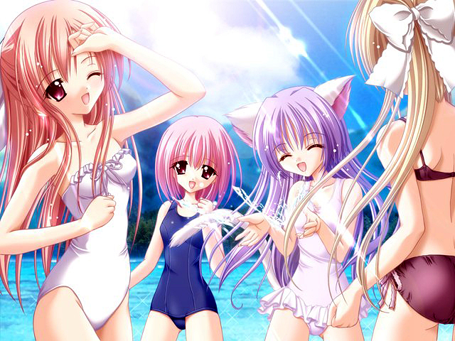 animal_ears bikini blonde_hair bowtie brown_eyes cafe_little_wish cat_ears closed_eyes duplicate flat_chest from_behind game_cg karen_(cafe_little_wish) lily_(cafe_little_wish) long_hair merun mina_(cafe_little_wish) multiple_girls one-piece one-piece_swimsuit pink_hair ponytail purple_hair red_eyes red_hair redhead school_swimsuit short_hair splash swimsuit tail tinker_bell water wink