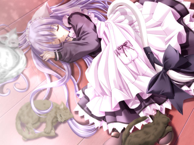 cafe_little_wish cat cat_ears cat_tail closed_eyes dress game_cg long_hair lying maid mina_(cafe_little_wish) on_side purple_hair sleeping tail tinker_bell very_long_hair
