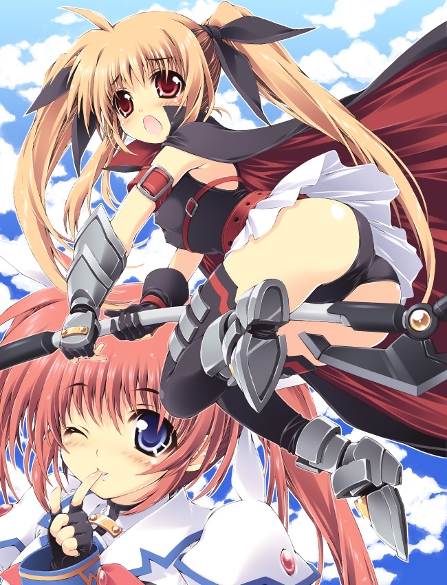 bardiche blonde_hair blue_eyes brown_hair fate_testarossa mahou_shoujo_lyrical_nanoha mahou_shoujo_lyrical_nanoha_a's mitsuki_mantarou red_eyes takamachi_nanoha thighhighs