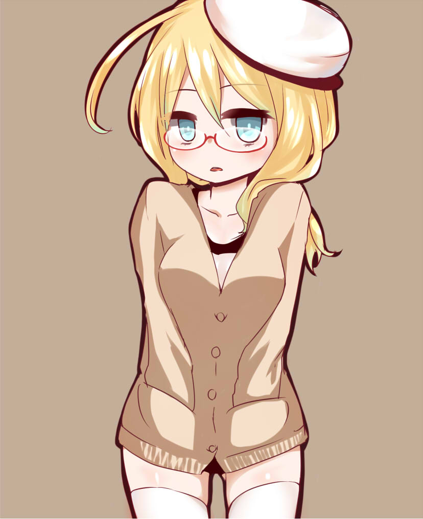 1girl ahoge aqua_eyes blonde_hair blush breasts glasses hands_in_pockets hat i-8_(kantai_collection) i.u.y kantai_collection looking_at_viewer low_twintails peaked_cap simple_background solo sweater thigh-highs twintails