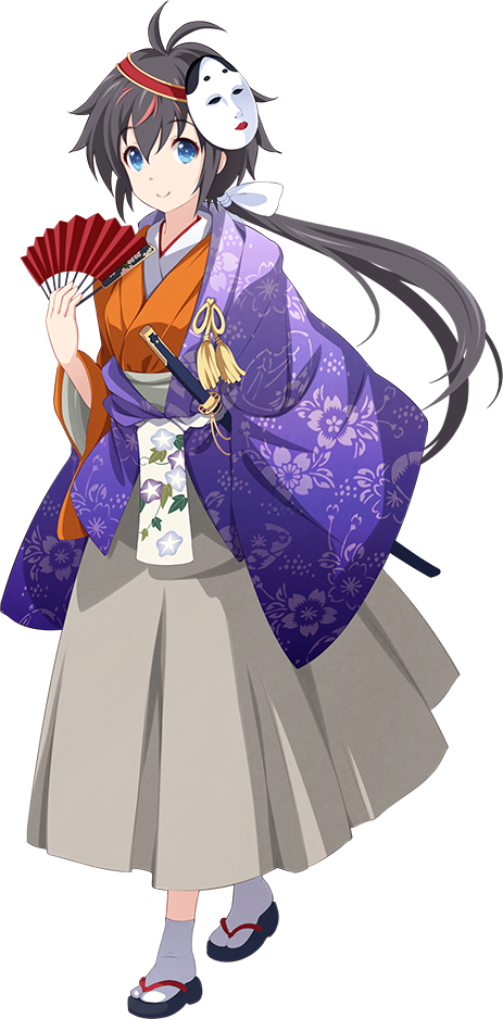 1girl antenna_hair artist_request black_hair blue_eyes blue_skirt fan flower full_body hair_flower hair_ornament holding holding_fan japanese_clothes katana kiyosu_(oshiro_project) long_hair looking_at_viewer low-tied_long_hair mask mask_on_head multicolored_hair official_art oshiro_project oshiro_project_re redhead sheath sheathed skirt smile sword transparent_background two-tone_hair weapon