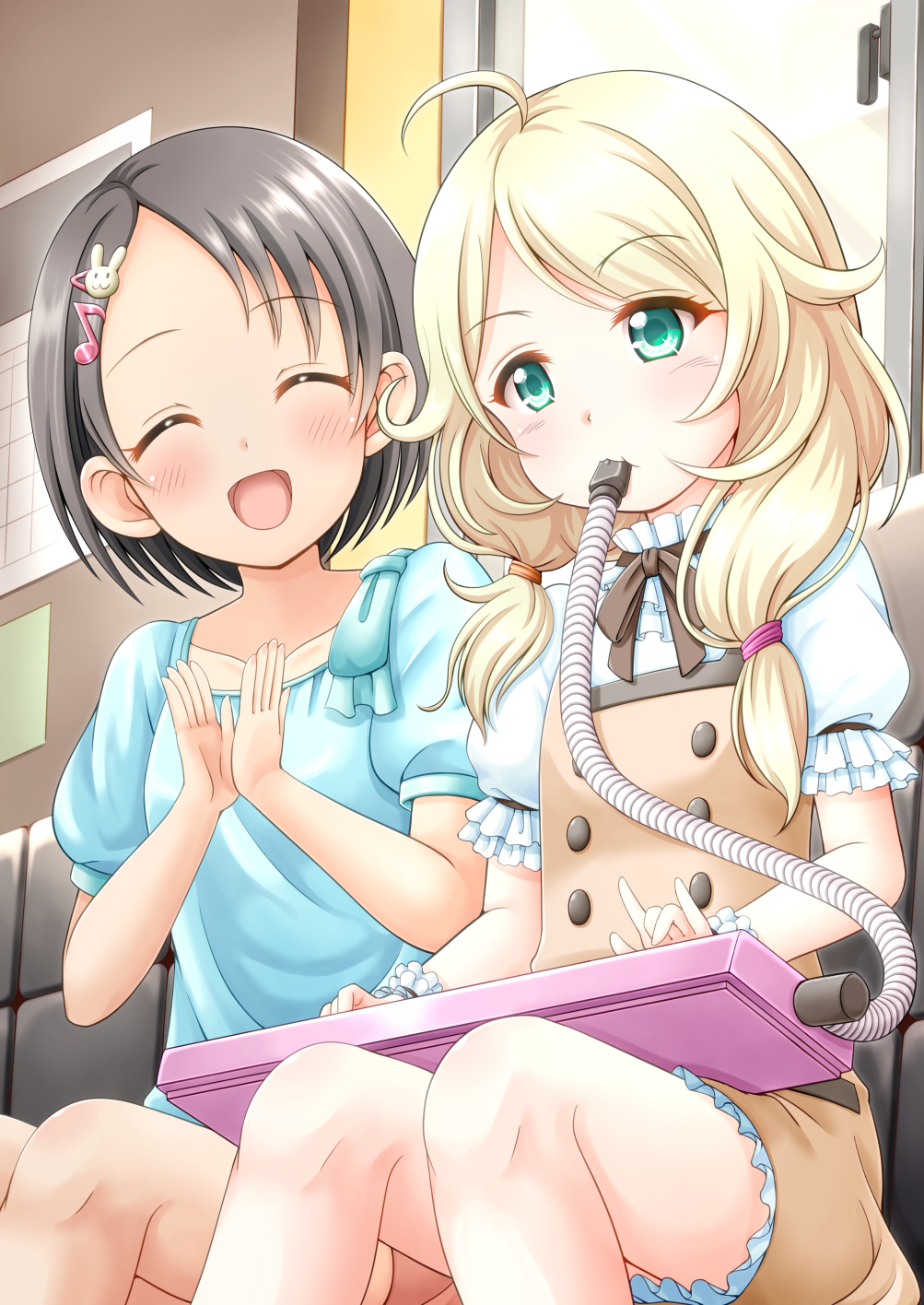 2girls :d ^_^ ahoge arm_garter black_hair blonde_hair blouse blue_blouse blush brown_dress brown_ribbon brown_skirt bunny_hair_ornament calendar_(object) clapping closed_eyes collar collarbone commentary_request couch dress eyebrows_visible_through_hair facing_viewer frilled_collar frilled_dress frilled_sleeves frills green_eyes hair_ornament hair_over_shoulder hair_tie hairclip head_tilt highres idolmaster idolmaster_cinderella_girls instrument keyboard_(instrument) long_hair low_twintails melodica mouth_hold multiple_girls music musical_note_hair_ornament neck_ribbon open_mouth pinafore_dress playing_instrument puffy_short_sleeves puffy_sleeves regular_mow ribbon sasaki_chie shirt short_hair short_sleeves sitting skirt smile twintails uneven_twintails white_shirt window yusa_kozue
