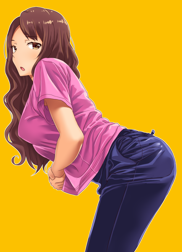 1girl :o ass breasts brown_eyes brown_hair denim jeans long_hair looking_at_viewer looking_to_the_side neri_sachiko open_mouth original pants revision shirt simple_background solo t-shirt thighs yellow_background